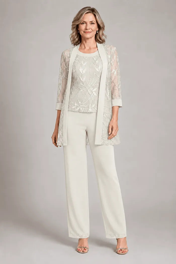 Completo elegante in chiffon con pantaloni per madre della sposa