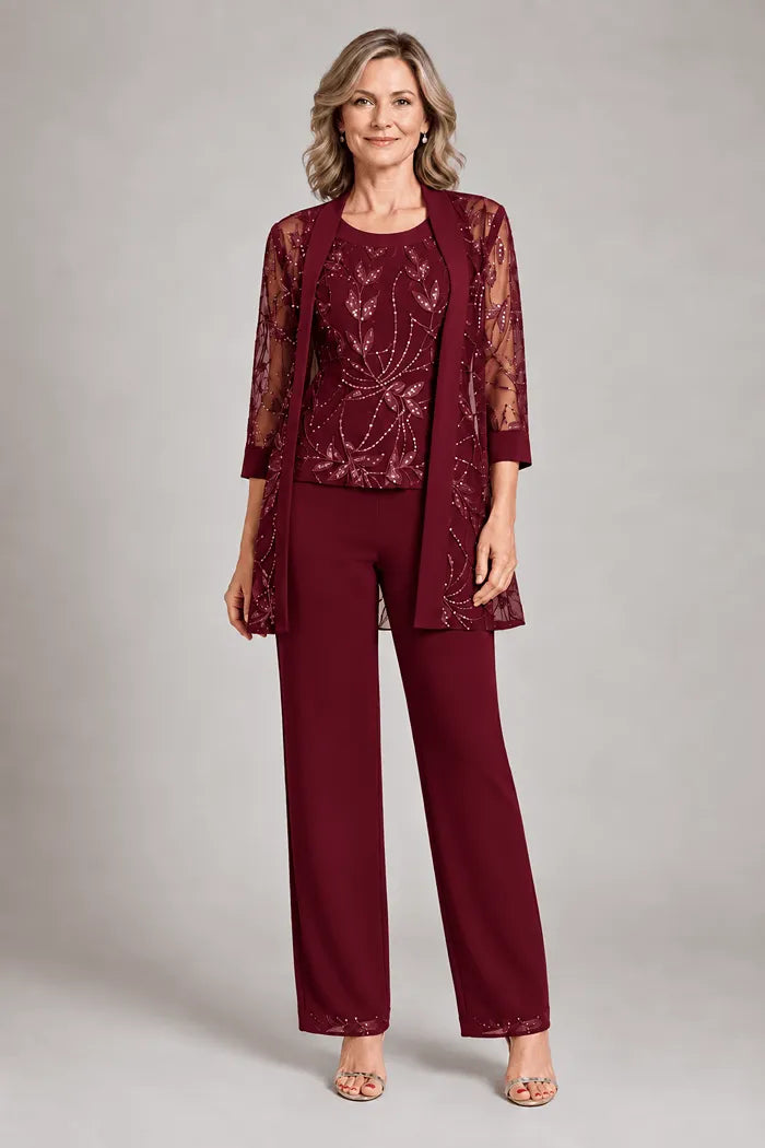 Completo elegante in chiffon con pantaloni per madre della sposa