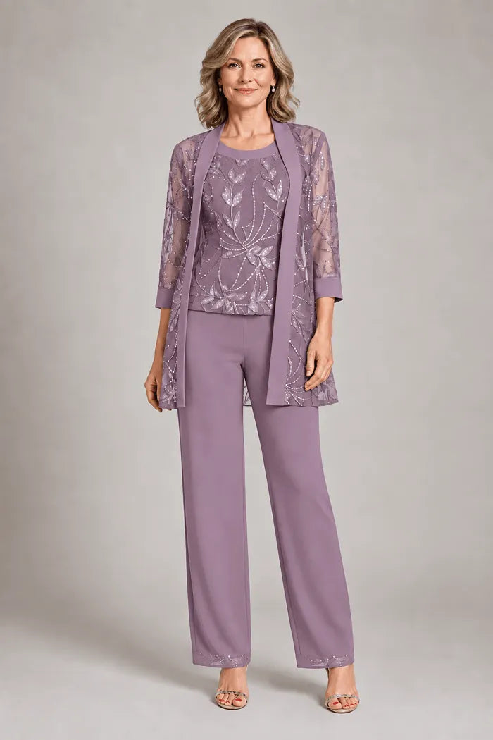 Completo elegante in chiffon con pantaloni per madre della sposa