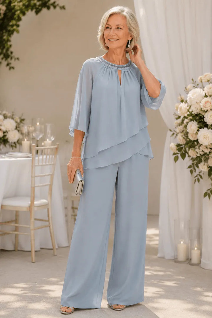 Elegante completo pantalone formale con scollo a goccia