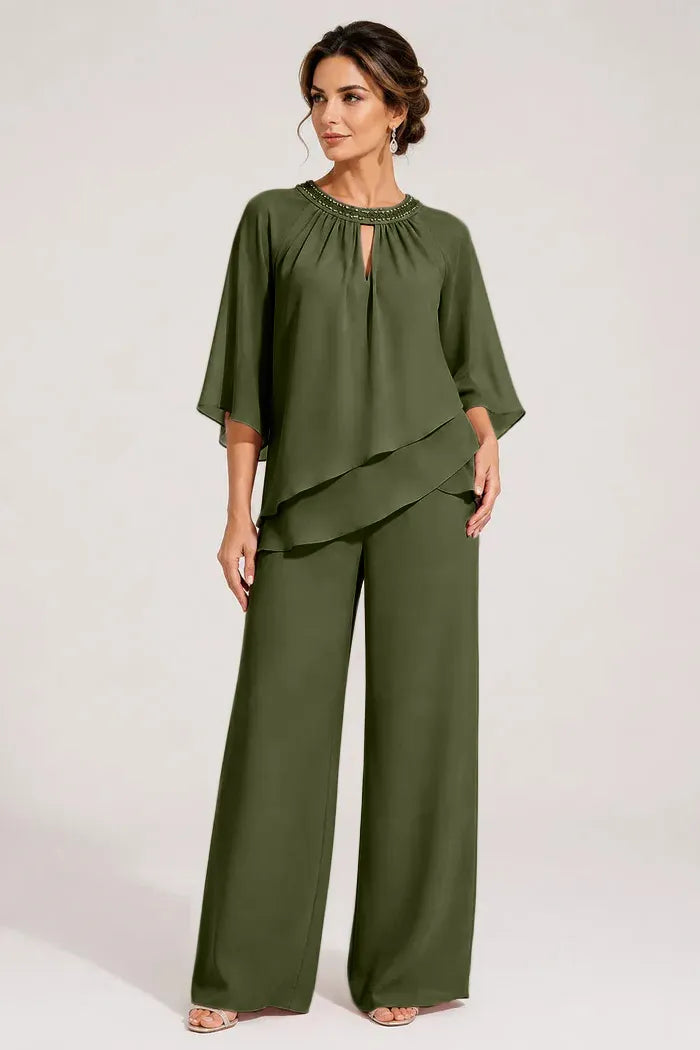 Elegante completo pantalone formale con scollo a goccia