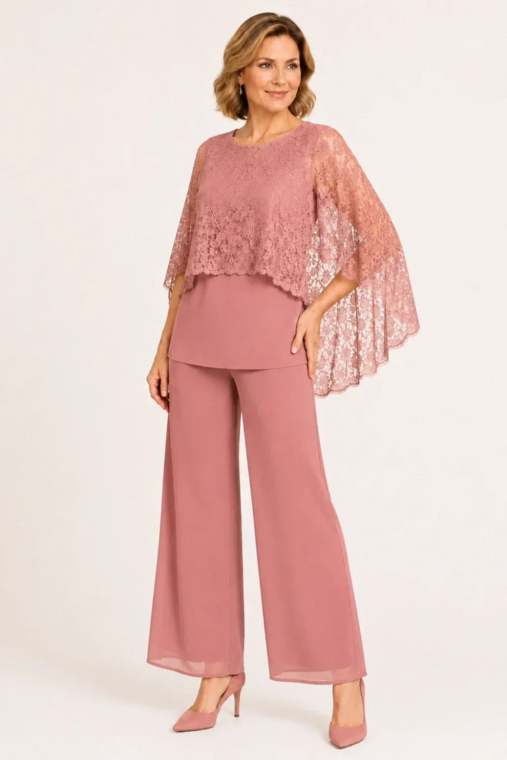 Lace Cape Mother of the Bride Pant Suit with Wide Legs