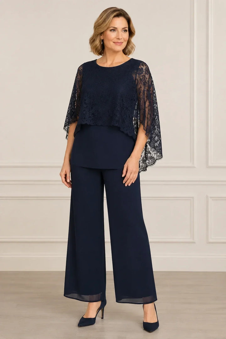 Lace Cape Mother of the Bride Pant Suit with Wide Legs