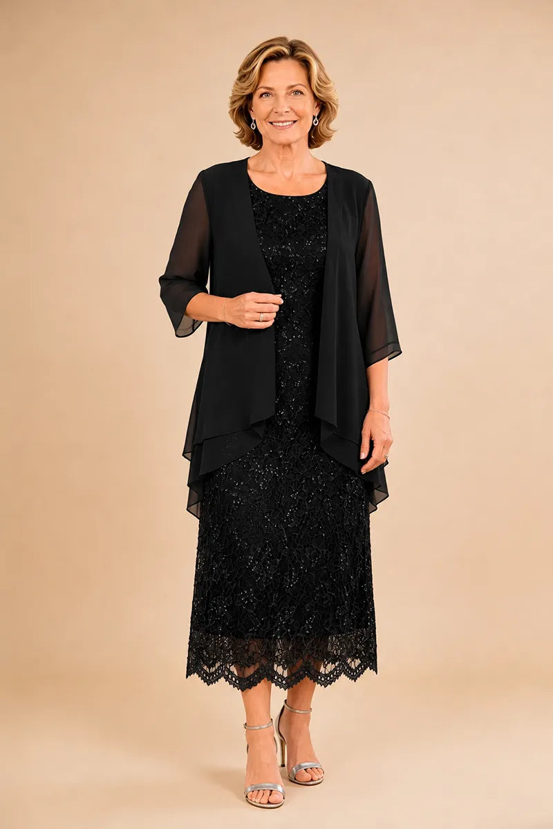 Abito formale midi in pizzo raffinato con coprispalle in chiffon trasparente
