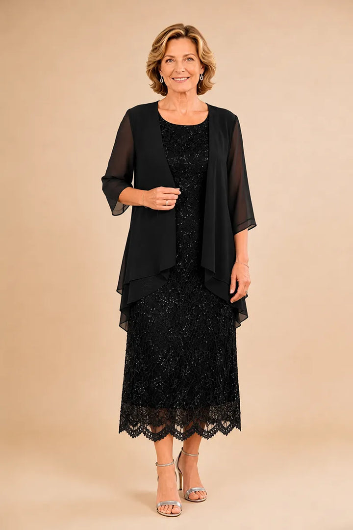 Abito formale midi in pizzo raffinato con coprispalle in chiffon trasparente