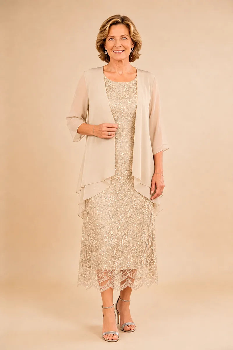 Abito formale midi in pizzo raffinato con coprispalle in chiffon trasparente