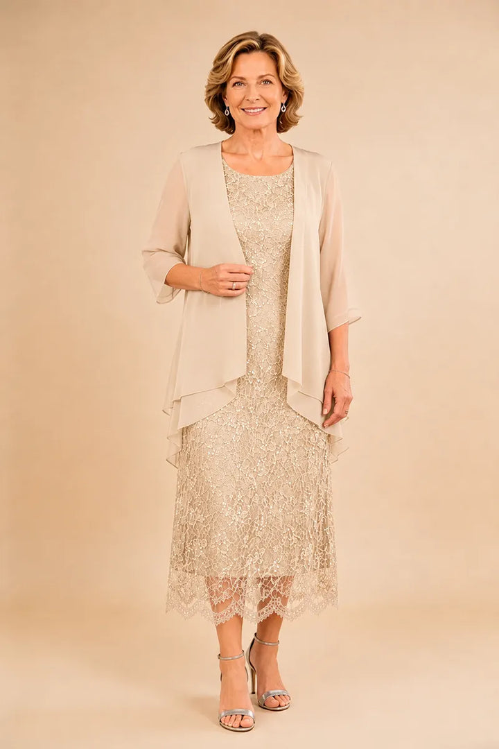Abito formale midi in pizzo raffinato con coprispalle in chiffon trasparente