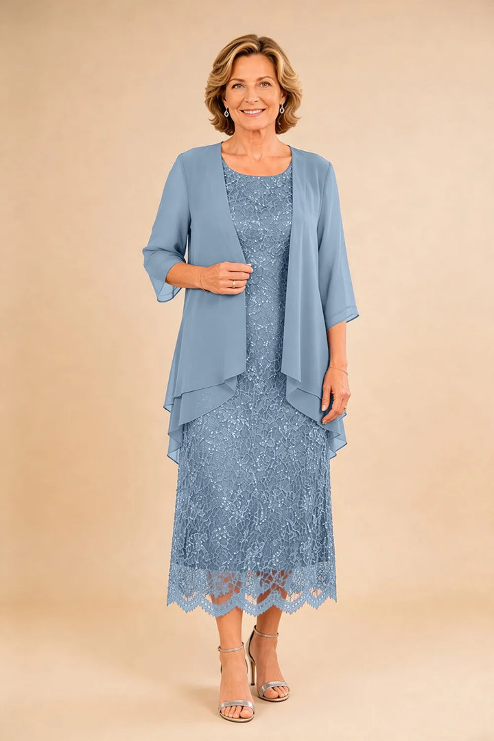 Abito formale midi in pizzo raffinato con coprispalle in chiffon trasparente