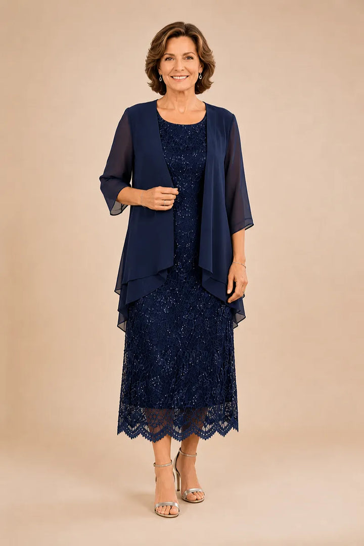 Abito formale midi in pizzo raffinato con coprispalle in chiffon trasparente