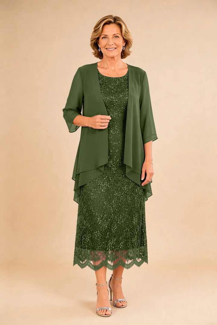 Abito formale midi in pizzo raffinato con coprispalle in chiffon trasparente