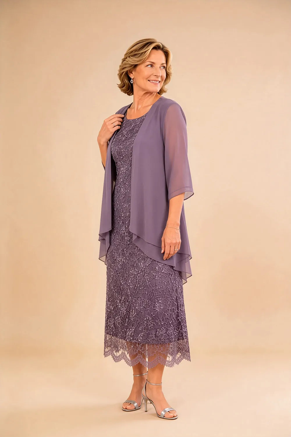 Abito formale midi in pizzo raffinato con coprispalle in chiffon trasparente