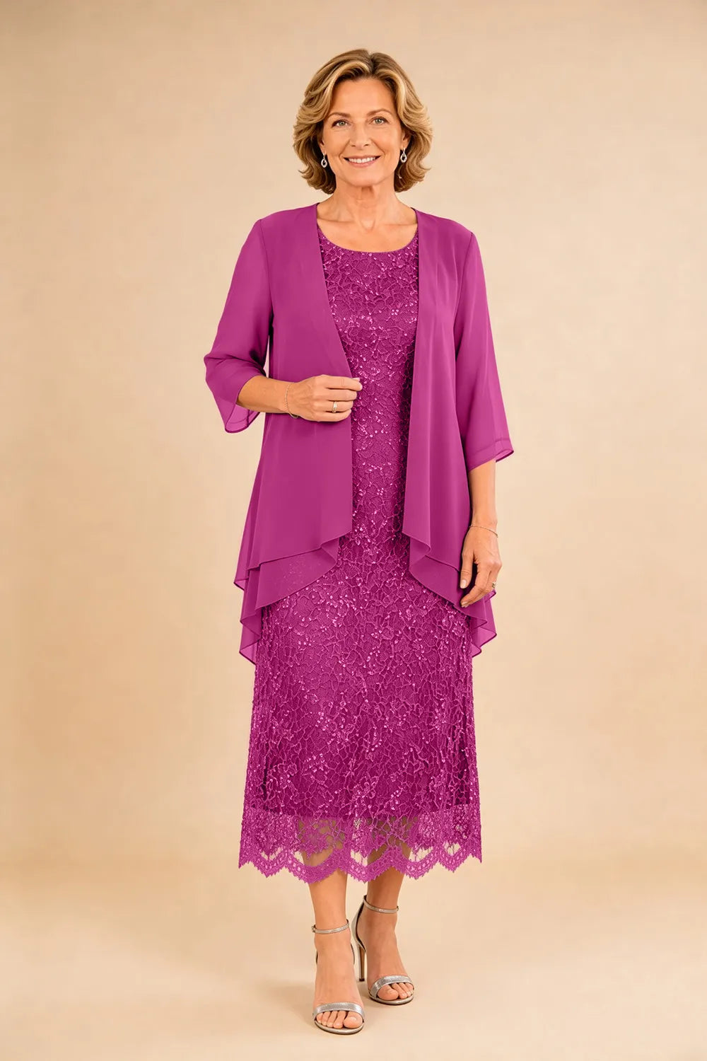 Abito formale midi in pizzo raffinato con coprispalle in chiffon trasparente