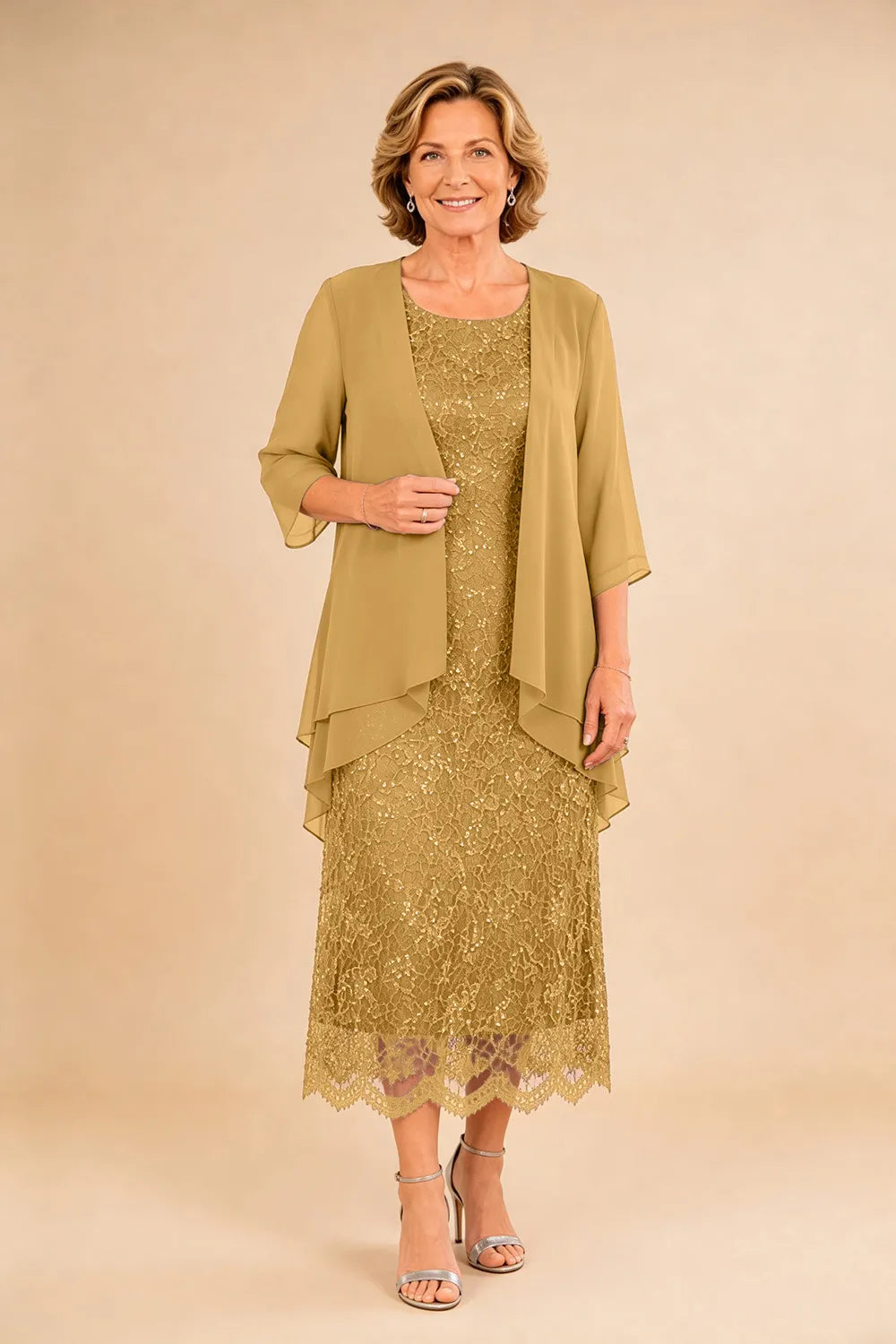 Abito formale midi in pizzo raffinato con coprispalle in chiffon trasparente