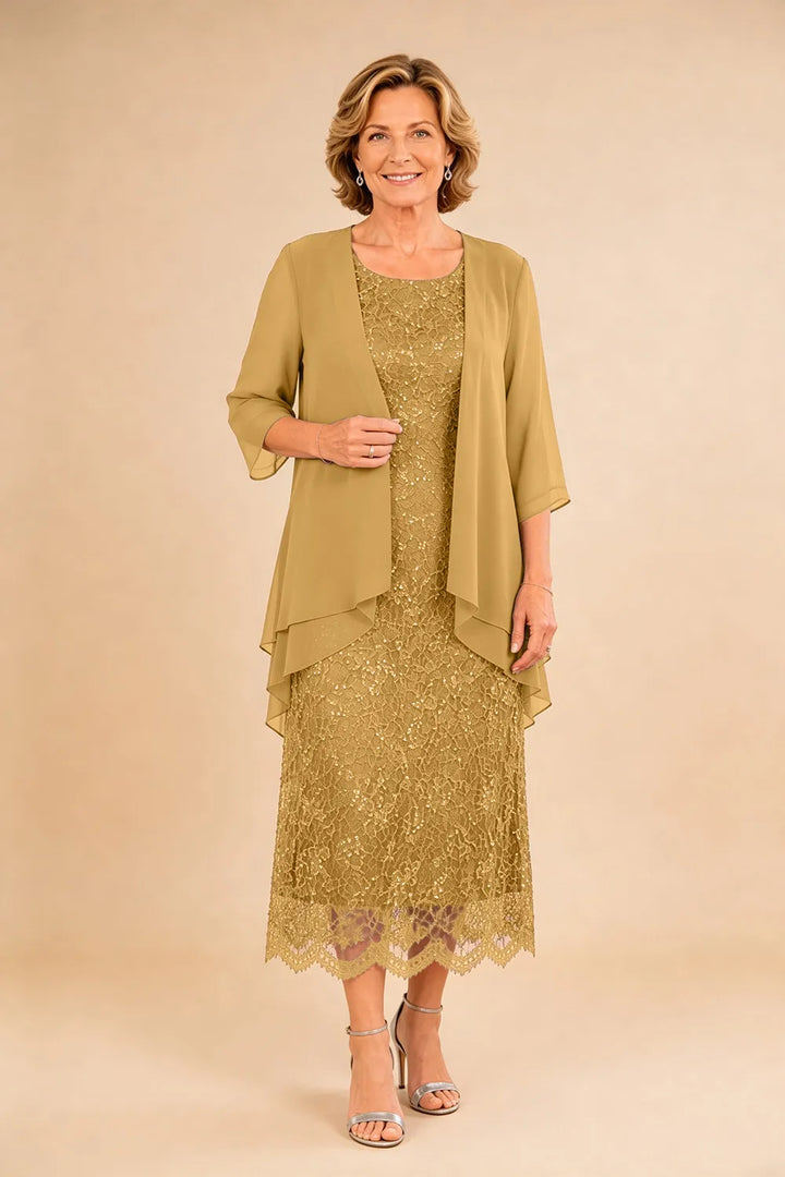 Abito formale midi in pizzo raffinato con coprispalle in chiffon trasparente