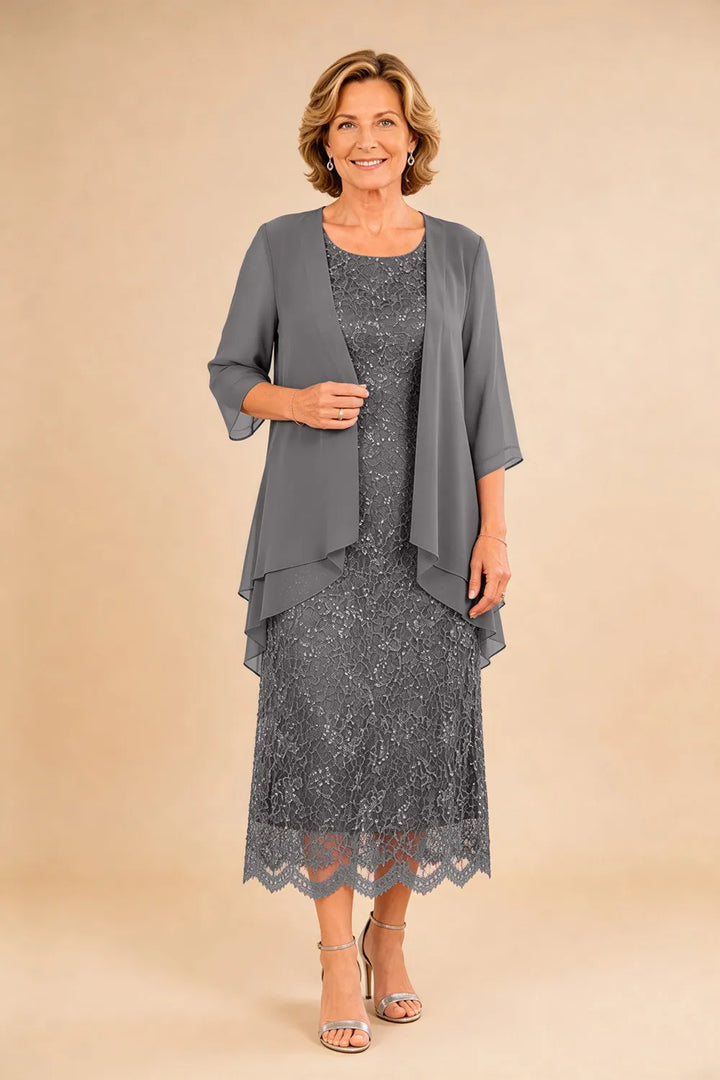 Abito formale midi in pizzo raffinato con coprispalle in chiffon trasparente