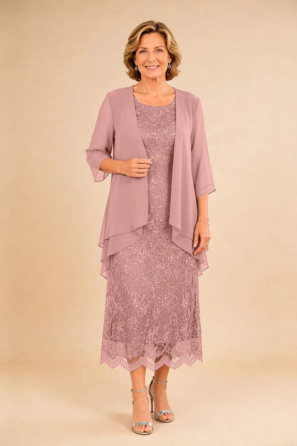 Abito formale midi in pizzo raffinato con coprispalle in chiffon trasparente