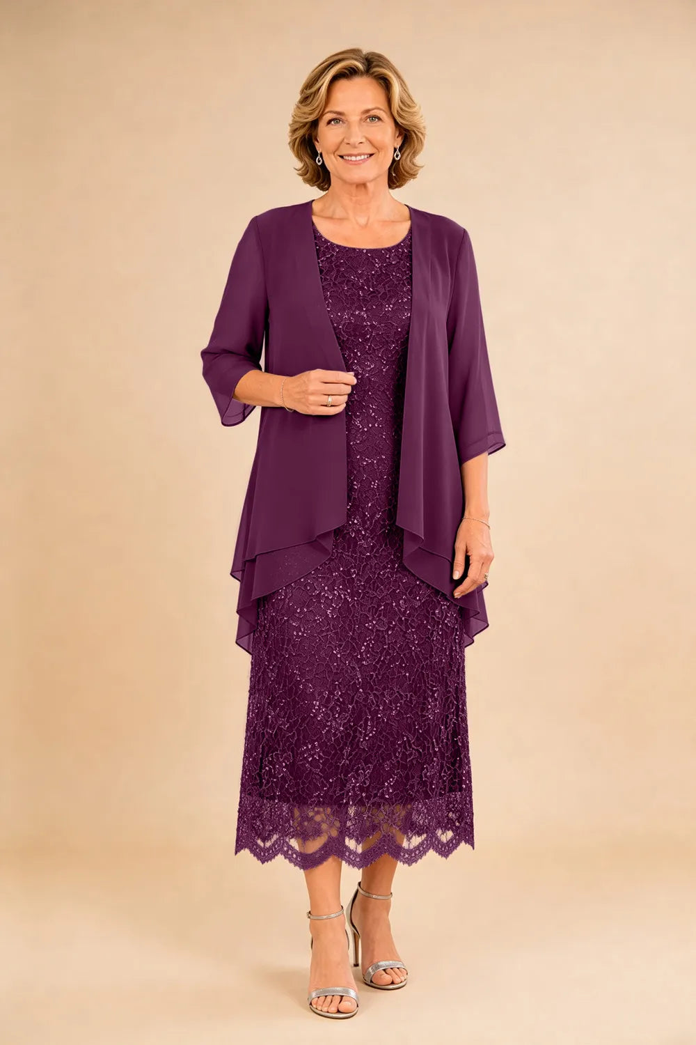 Abito formale midi in pizzo raffinato con coprispalle in chiffon trasparente