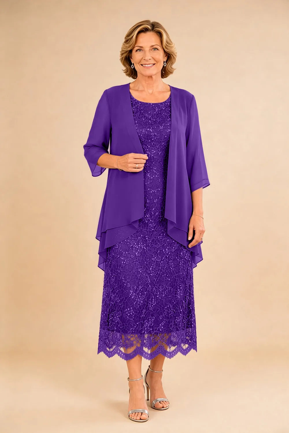 Abito formale midi in pizzo raffinato con coprispalle in chiffon trasparente
