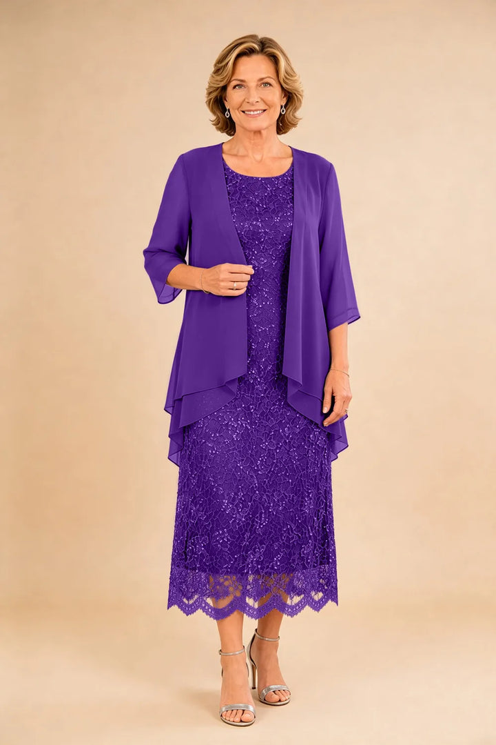 Abito formale midi in pizzo raffinato con coprispalle in chiffon trasparente