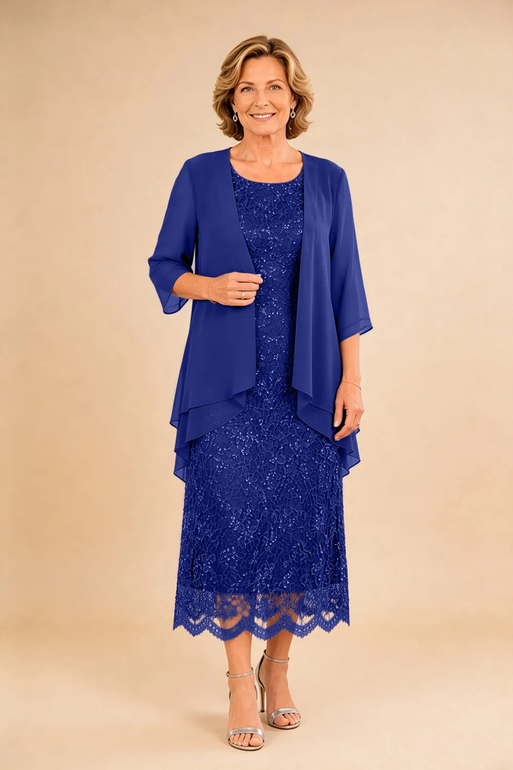 Abito formale midi in pizzo raffinato con coprispalle in chiffon trasparente
