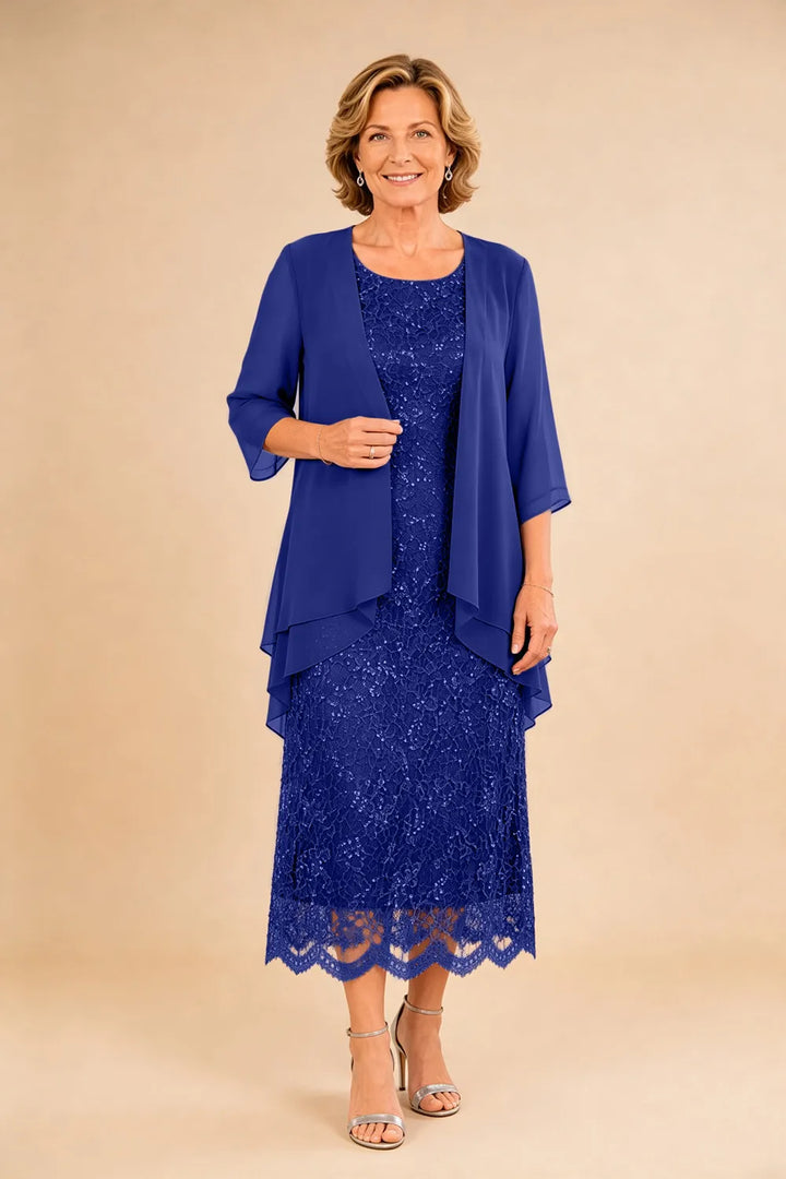 Abito formale midi in pizzo raffinato con coprispalle in chiffon trasparente