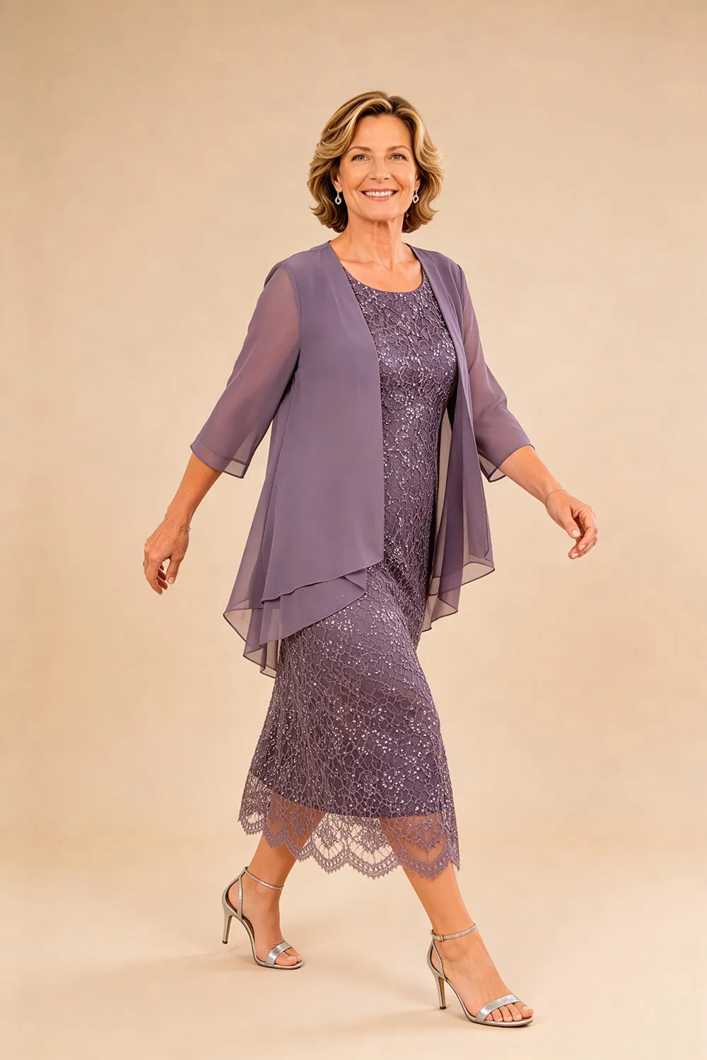 Abito formale midi in pizzo raffinato con coprispalle in chiffon trasparente