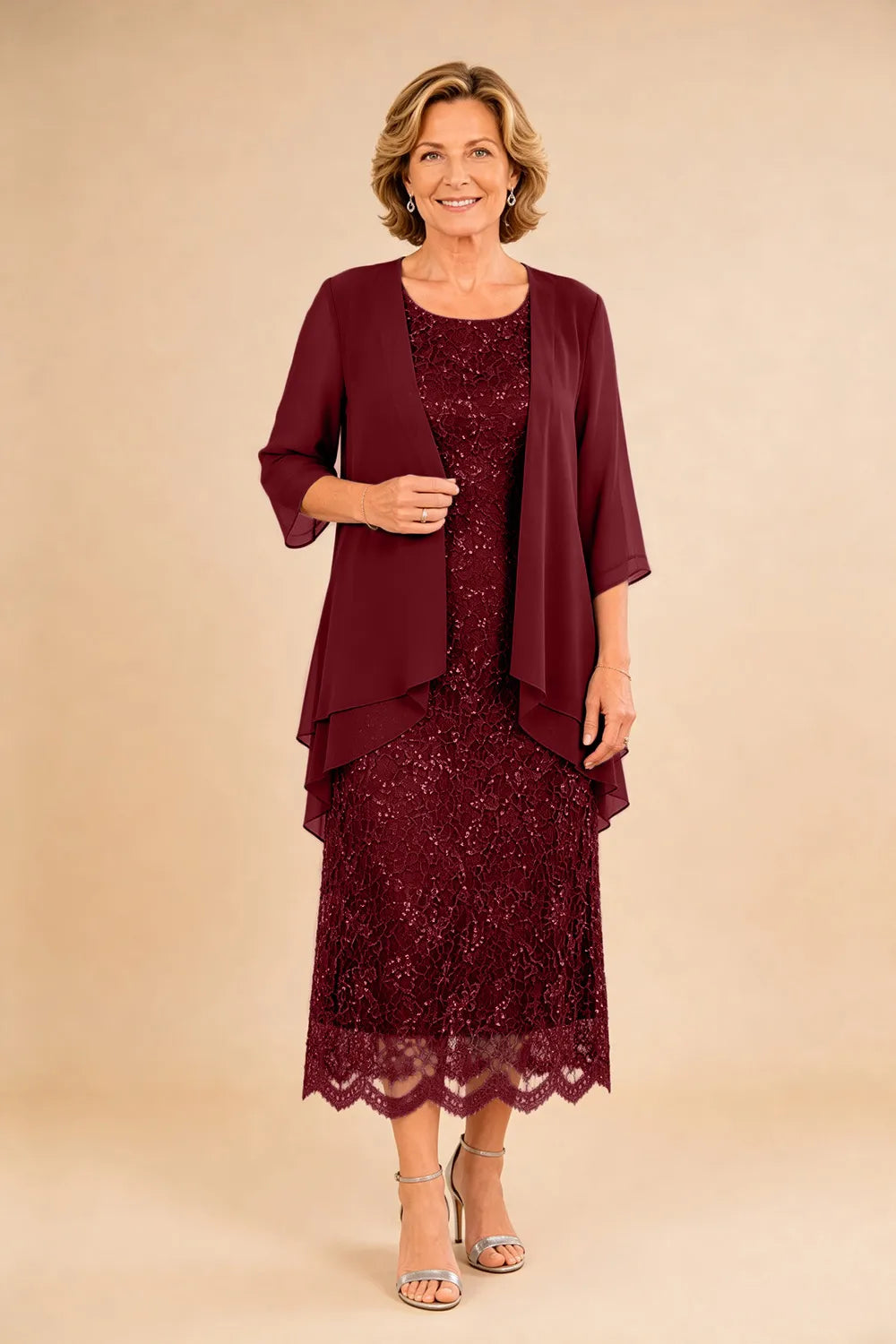 Abito formale midi in pizzo raffinato con coprispalle in chiffon trasparente