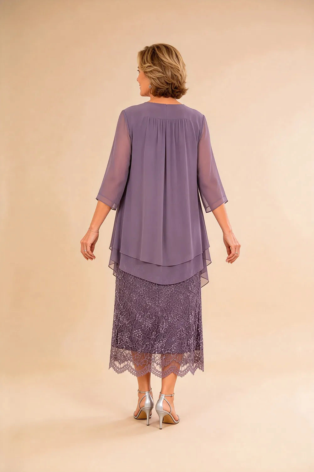 Abito formale midi in pizzo raffinato con coprispalle in chiffon trasparente