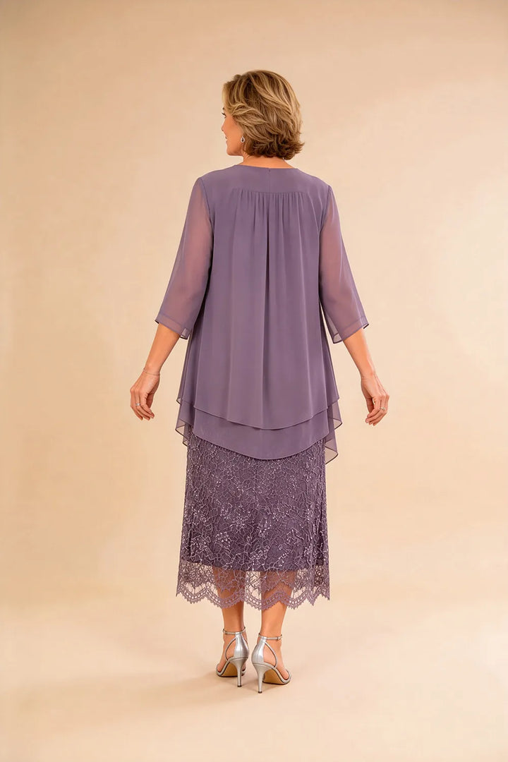 Abito formale midi in pizzo raffinato con coprispalle in chiffon trasparente