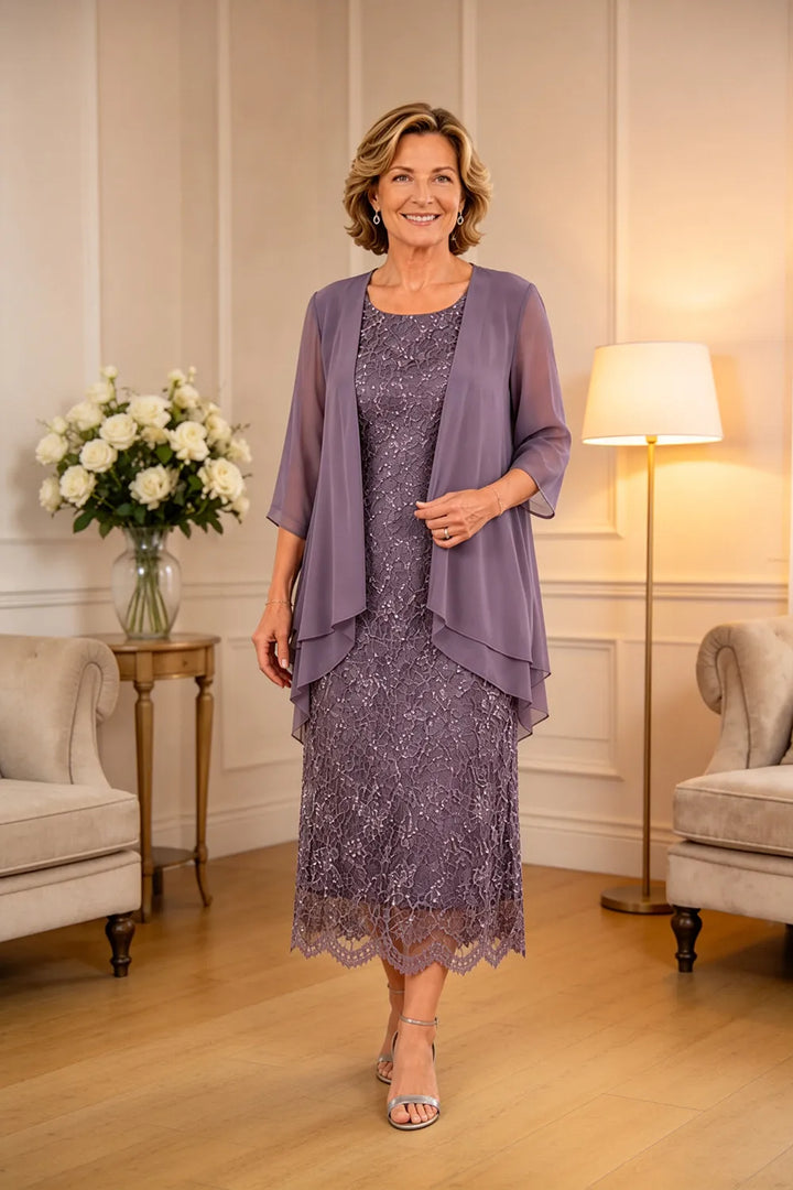 Abito formale midi in pizzo raffinato con coprispalle in chiffon trasparente
