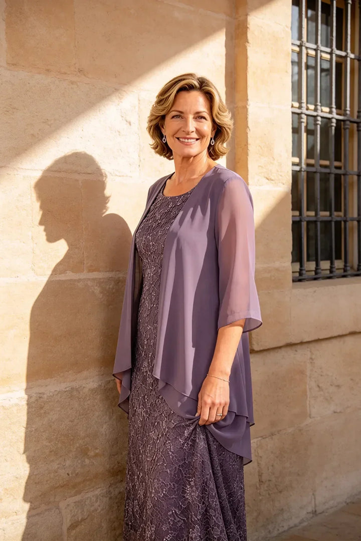 Abito formale midi in pizzo raffinato con coprispalle in chiffon trasparente