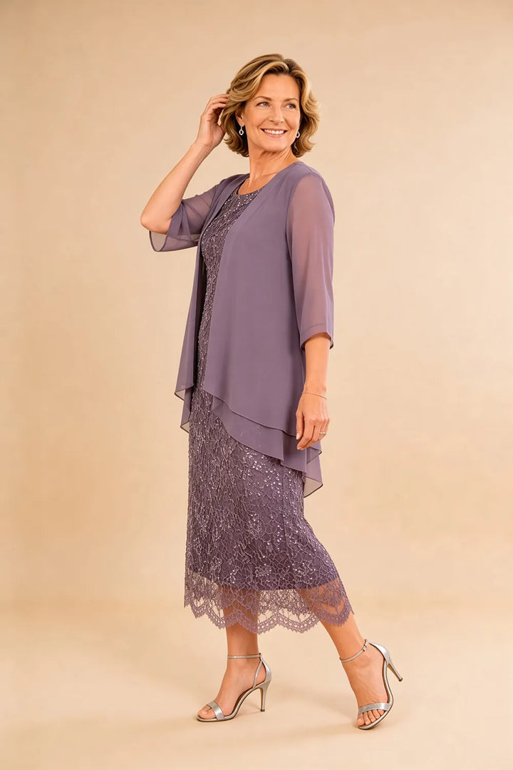Abito formale midi in pizzo raffinato con coprispalle in chiffon trasparente