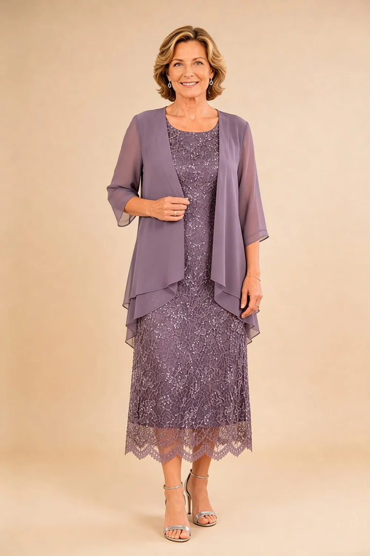 Abito formale midi in pizzo raffinato con coprispalle in chiffon trasparente