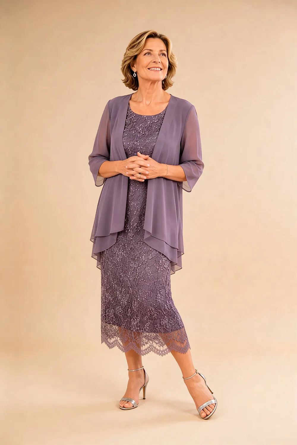 Abito formale midi in pizzo raffinato con coprispalle in chiffon trasparente