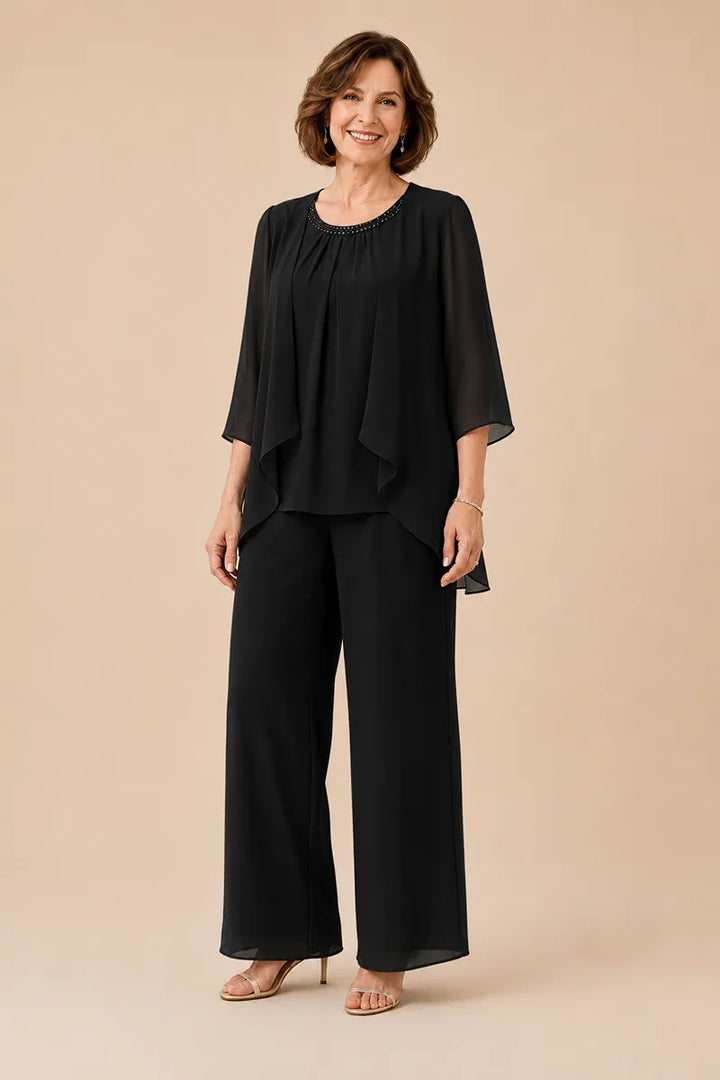 Completo pantalone in chiffon con sopragonna per la madre della sposa