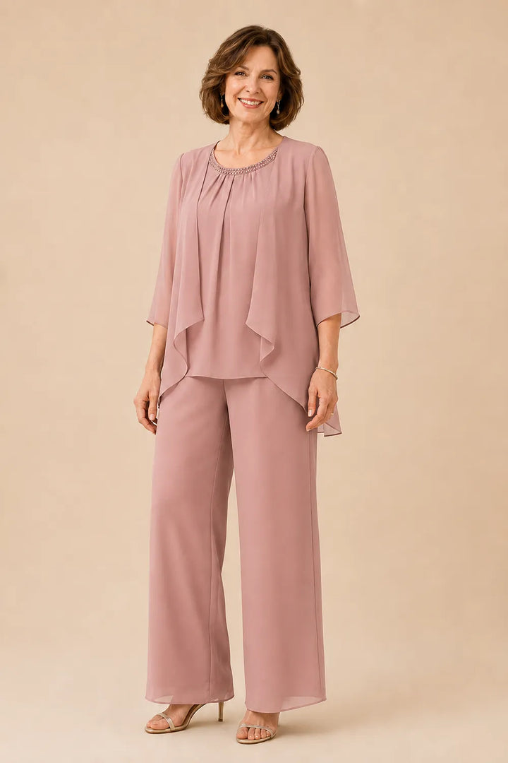 Completo pantalone in chiffon con sopragonna per la madre della sposa