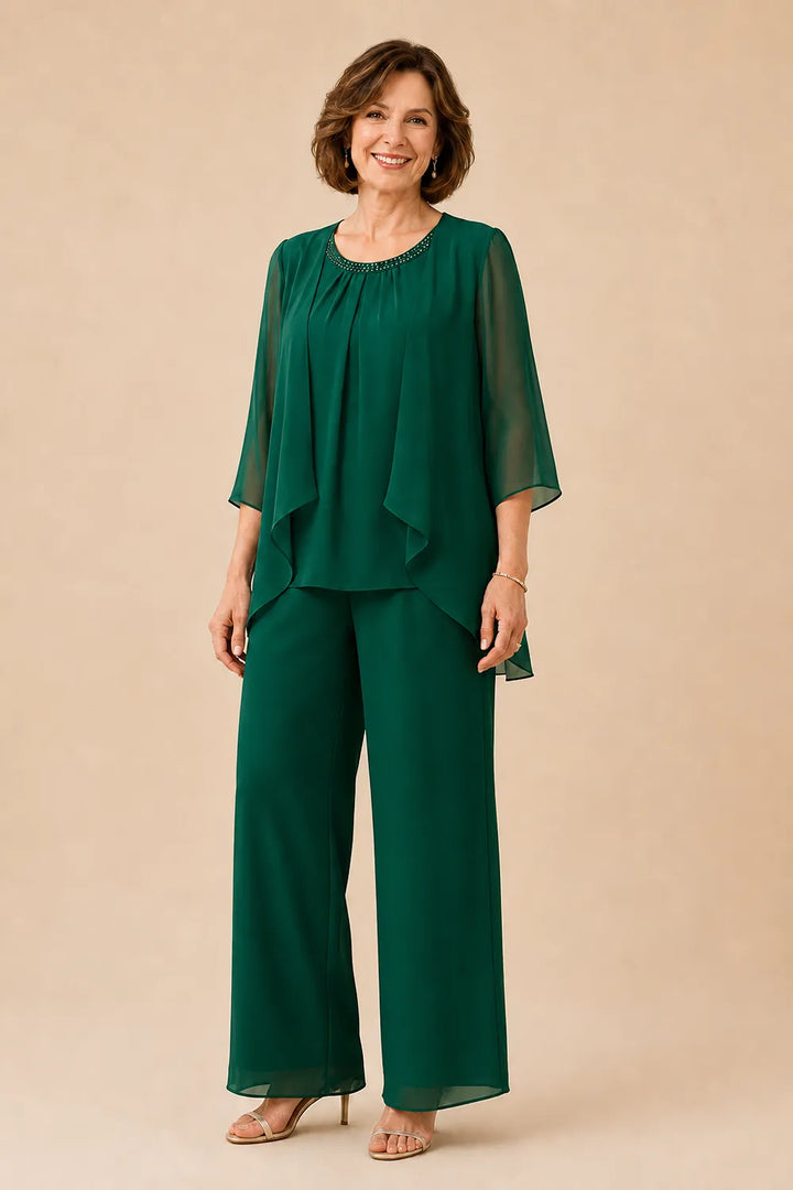 Completo pantalone in chiffon con sopragonna per la madre della sposa