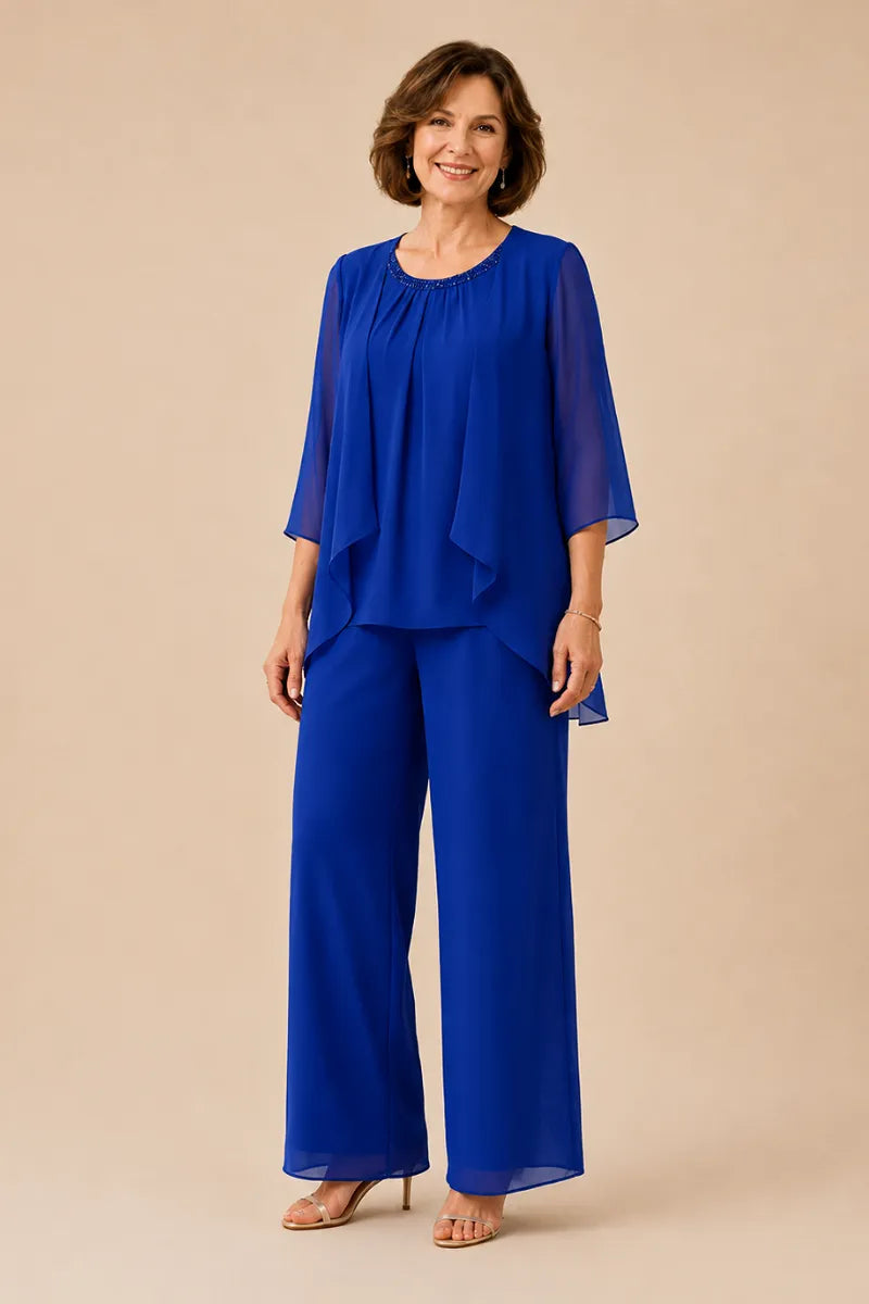 Completo pantalone in chiffon con sopragonna per la madre della sposa