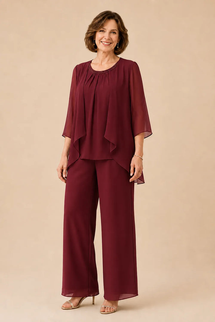 Completo pantalone in chiffon con sopragonna per la madre della sposa
