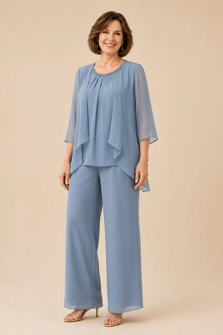 Completo pantalone in chiffon con sopragonna per la madre della sposa