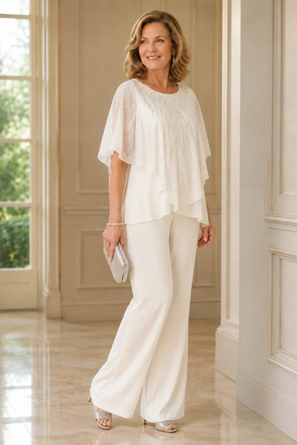 Completo pantalone in chiffon con mantellina di paillettes e pantaloni a gamba larga