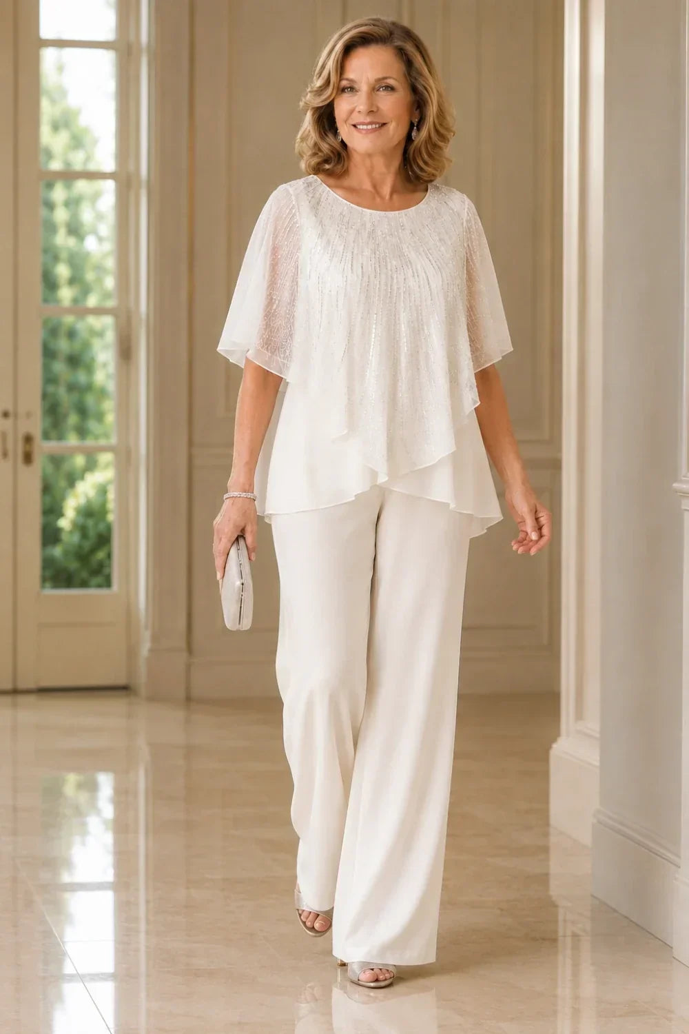 Completo pantalone in chiffon con mantellina di paillettes e pantaloni a gamba larga