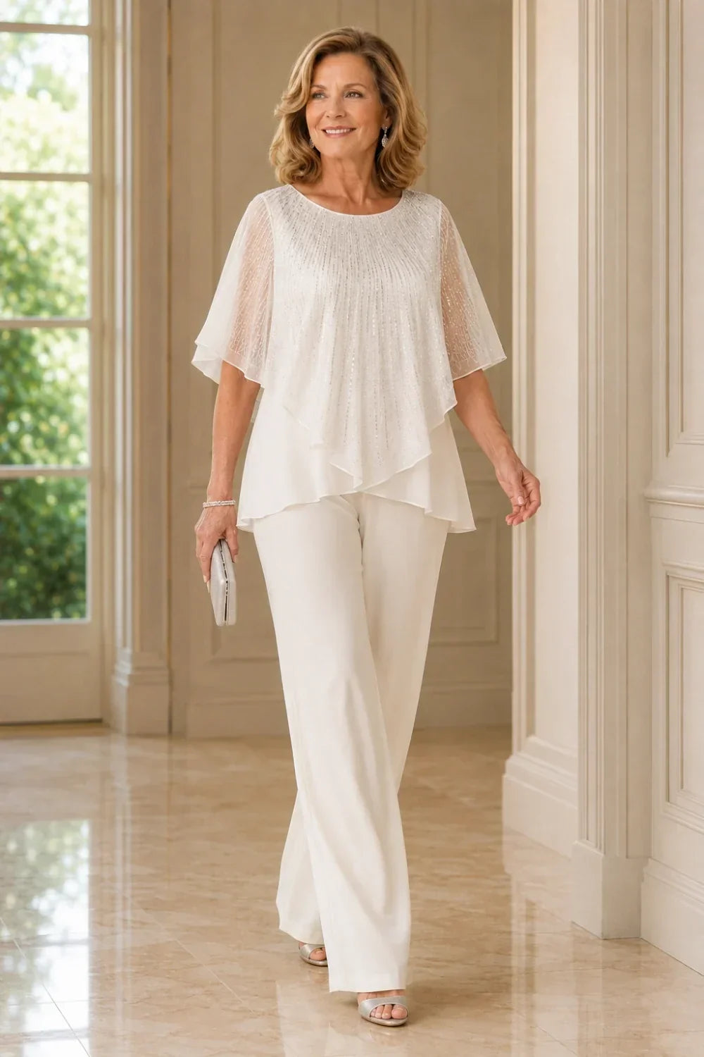 Completo pantalone in chiffon con mantellina di paillettes e pantaloni a gamba larga