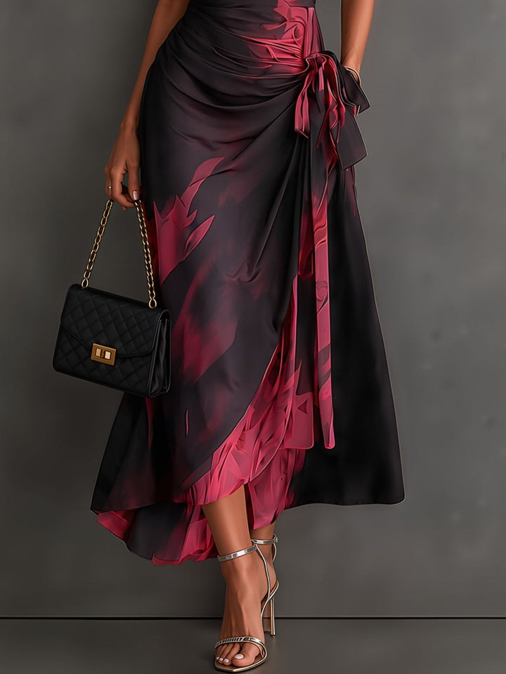 Beatrice | Vestito midi a portafoglio con stampa astratta, bordeaux