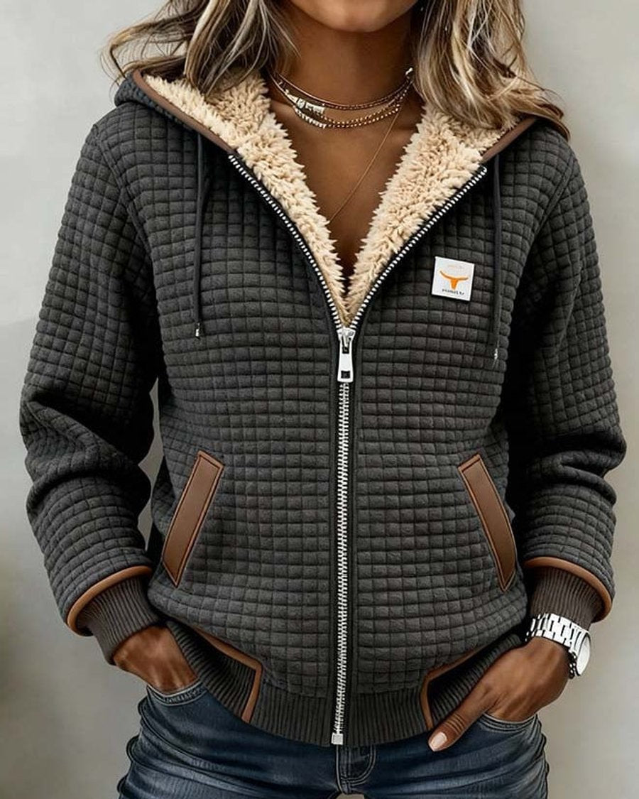 ELAINE | Giacca da Donna con Fodera in Sherpa e Imbottitura a Quadri con Zip e Cappuccio